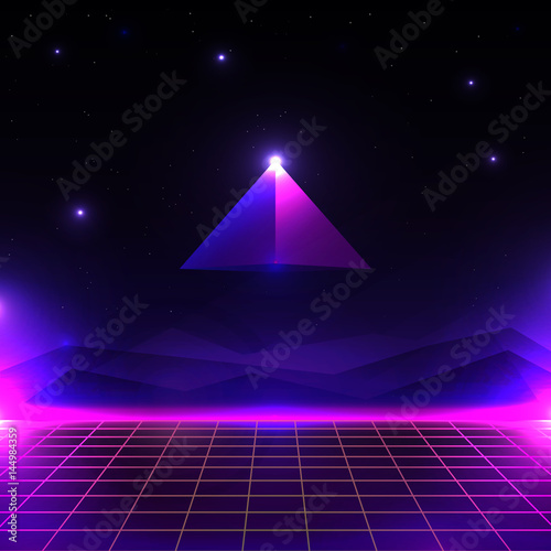 Retro futuristic landscape, glowing cyber world with grid and pyramid shape. sci-fi background 80s style.