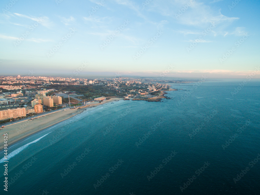View of the new Porto at sunset time, Portugal. Aerial.