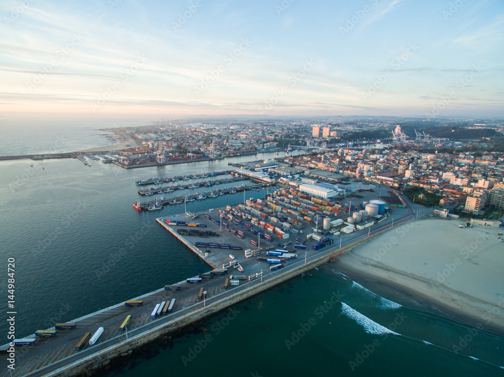 Port in Porto during sunset. Aerial view at sunset