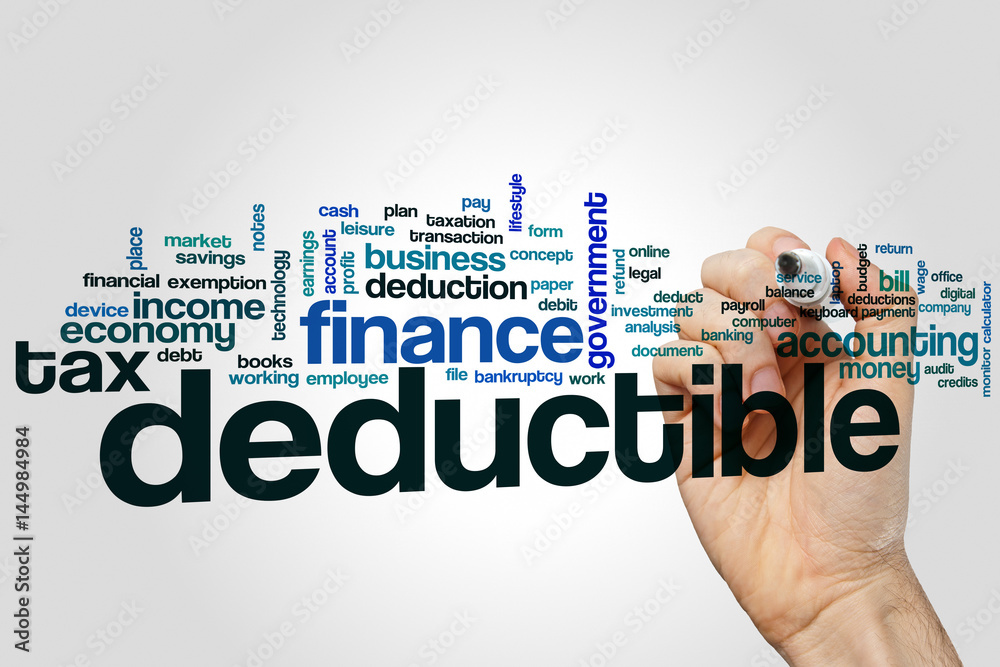 Deductible word cloud concept on grey background