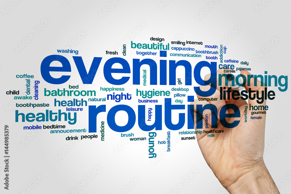 Evening routine word cloud concept on grey background Evening routine word cloud concept on grey background