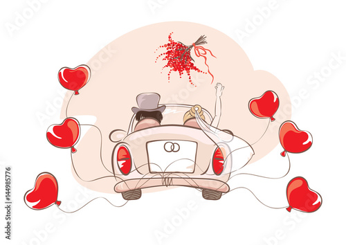 Wedding car / Vector illustration, card with bride and groom in car