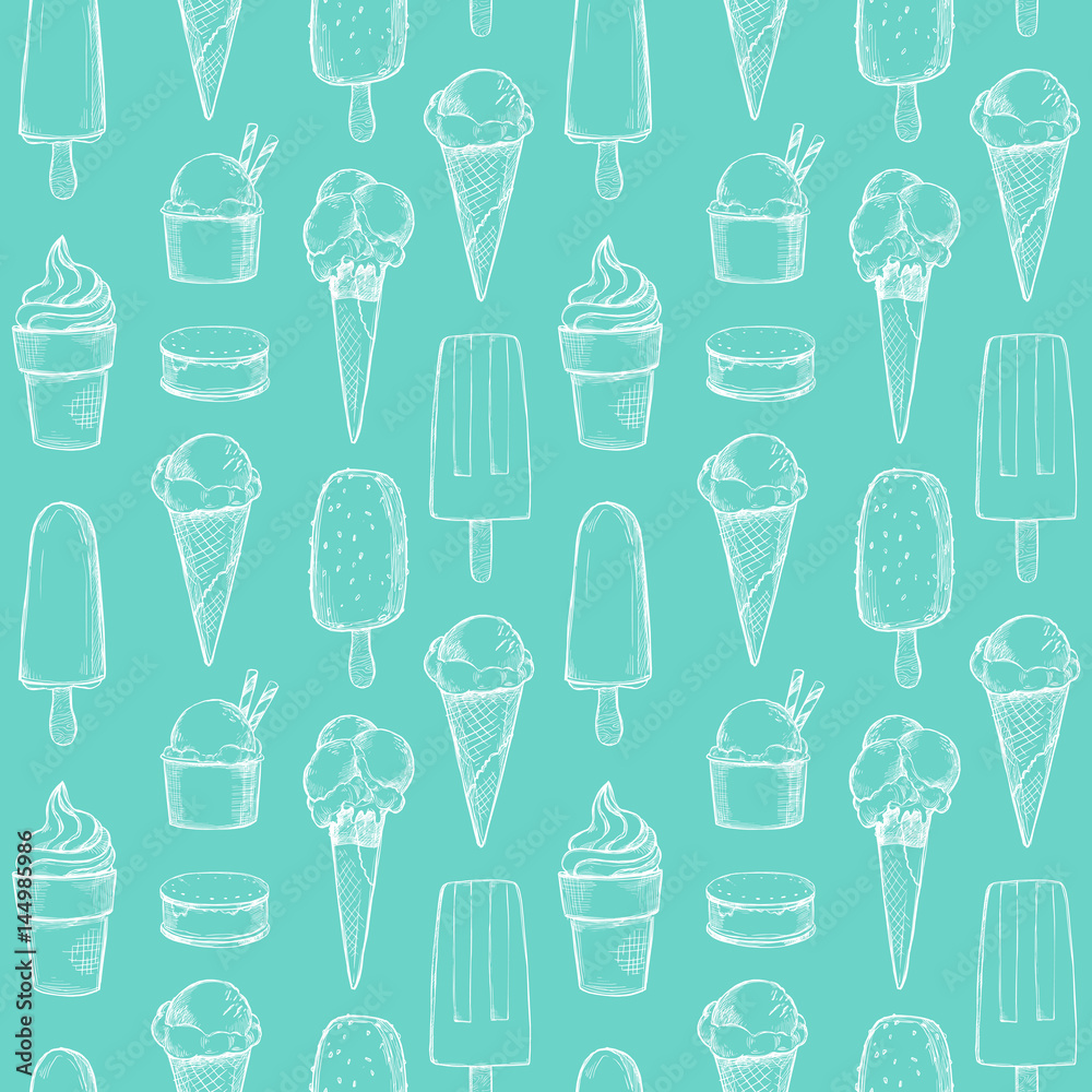 Hand drawn vector background - Collection of ice cream. Sweet seamless pattern. Illustrations in sketch style. Perfect for packing, textile, print, fabric etc Hand drawn vector background - Collection of ice cream. Sweet seamless pattern. Illustrations in sketch style. Perfect for packing, textile, print, fabric etc