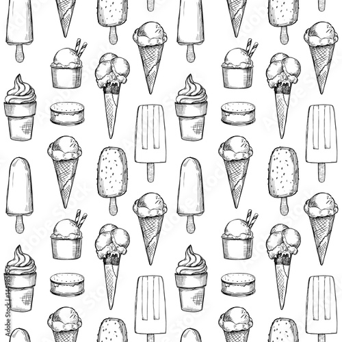 Hand drawn vector background - Collection of ice cream. Sweet seamless pattern. Illustrations in sketch style. Perfect for packing, textile, print, fabric etc