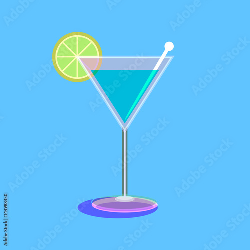 Martini glass drink with a slice of lime green fruit on a light blue background.