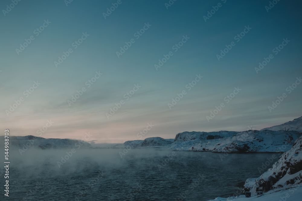 Winter coast of Barents Sea. Kola Peninsula, Russia