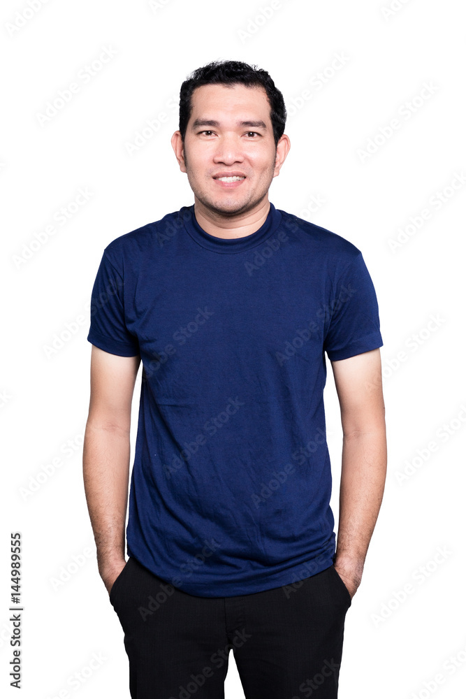 Fototapeta premium Handsome man in a blank front blue t-shirt isolated on white background.