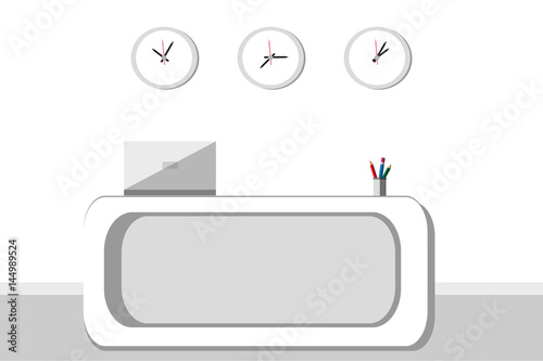 Reception table with furniture, PC and Clock.