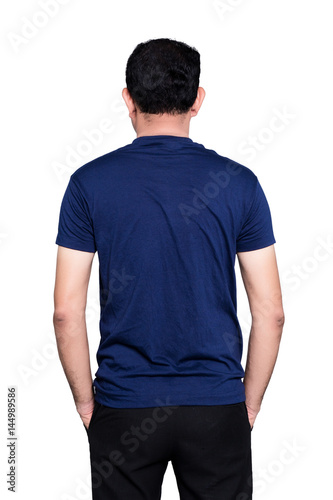Handsome man in a blank rear blue t-shirt isolated on white background.
