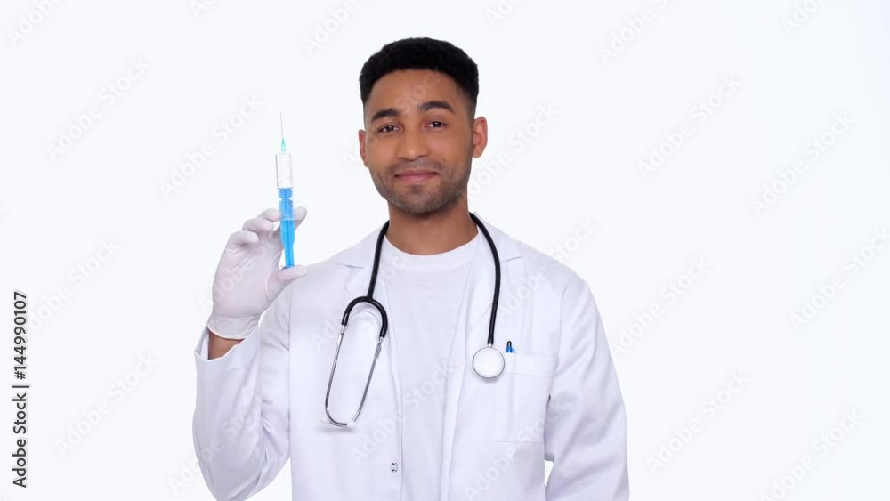 Young african doctor wearing medical gloves showing syringe isolated
Young african doctor wearing medical gloves showing syringe isolated