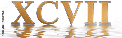 Roman numeral XCVII, septem et nonaginta, 97, ninety seven, reflected on the water surface, isolated on  white, 3d render