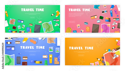 Travel time. Set of banners on travel, vacation, adventure theme. Preparing for journey. Things necessary traveler. Top view. Colorful background in flat style.