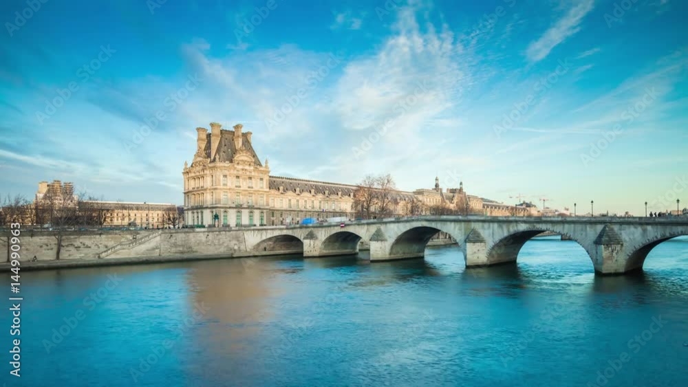 evening sunny sky paris seine river carousel bridge louvre panorama 4k time lapse france
