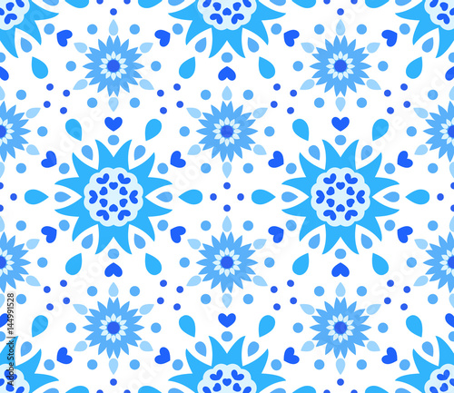 Blue White Flower and Hearts Pattern