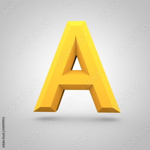 Yellow low poly alphabet letter A uppercase isolated on white background.