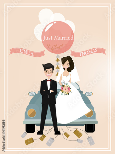 Just married. Retro Car with just married sign. Wedding car. Vector illustration.
