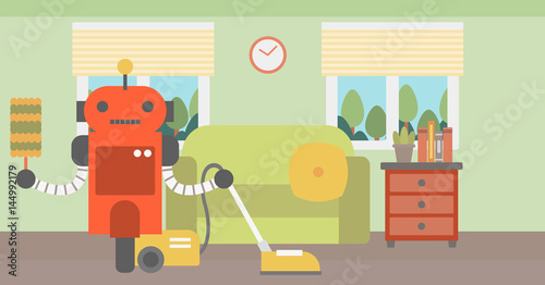 Robot cleaning carpet with vacuum cleaner.