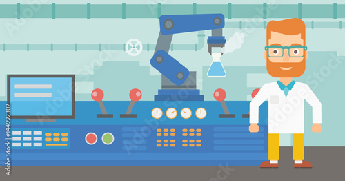 Scientist and robotic arm conducting experiments.