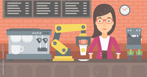 Robot making coffee for a client at coffee shop.
