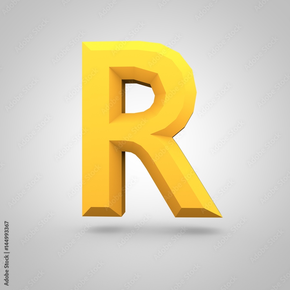 Yellow low poly alphabet letter R uppercase isolated on white background. Yellow low poly alphabet letter R uppercase isolated on white background.
