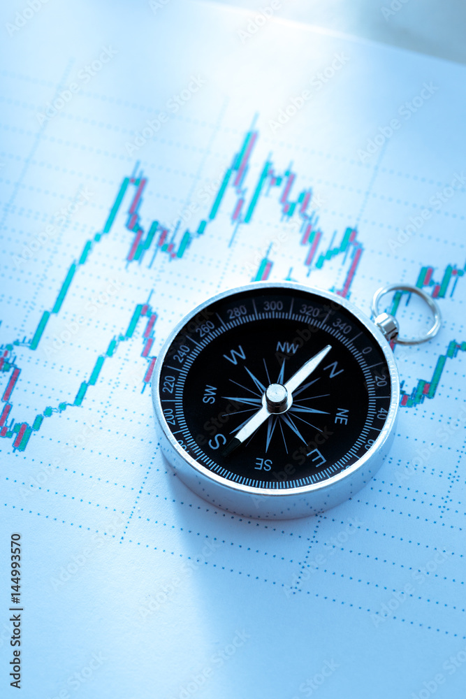 Compass on stock market data chart Compass on stock market data chart