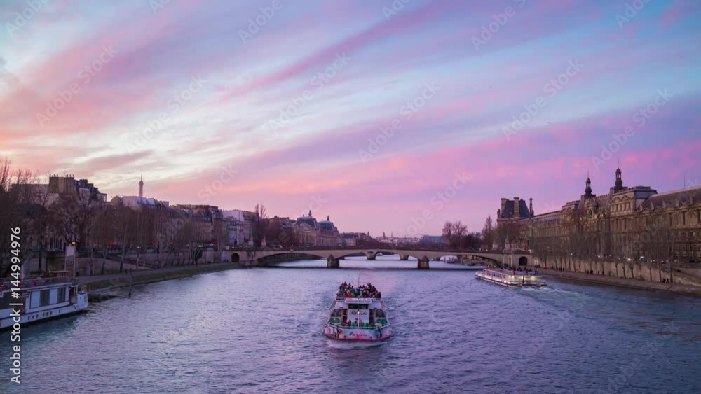 paris city seine river sunset sky bridge of arts panorama 4k time lapse france
