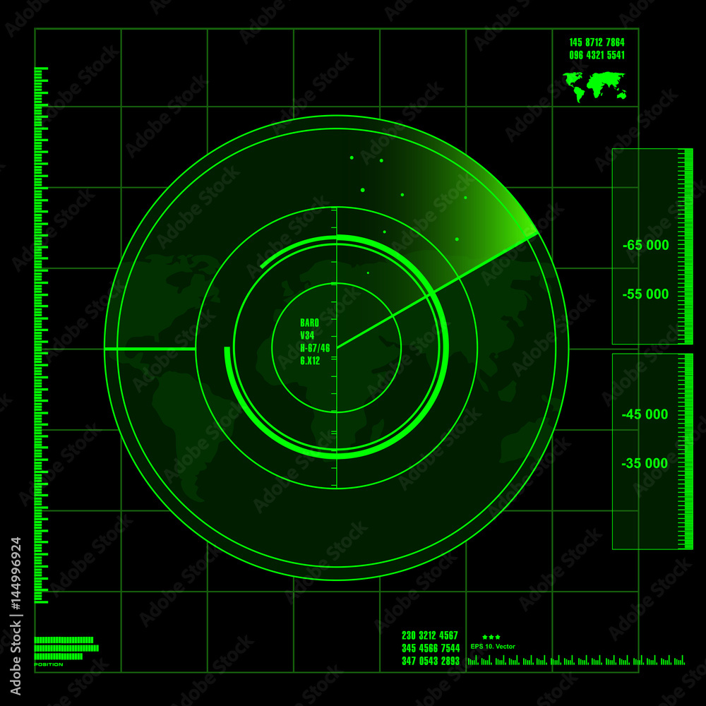 Obraz premium Green radar screen on black background, HUD interface