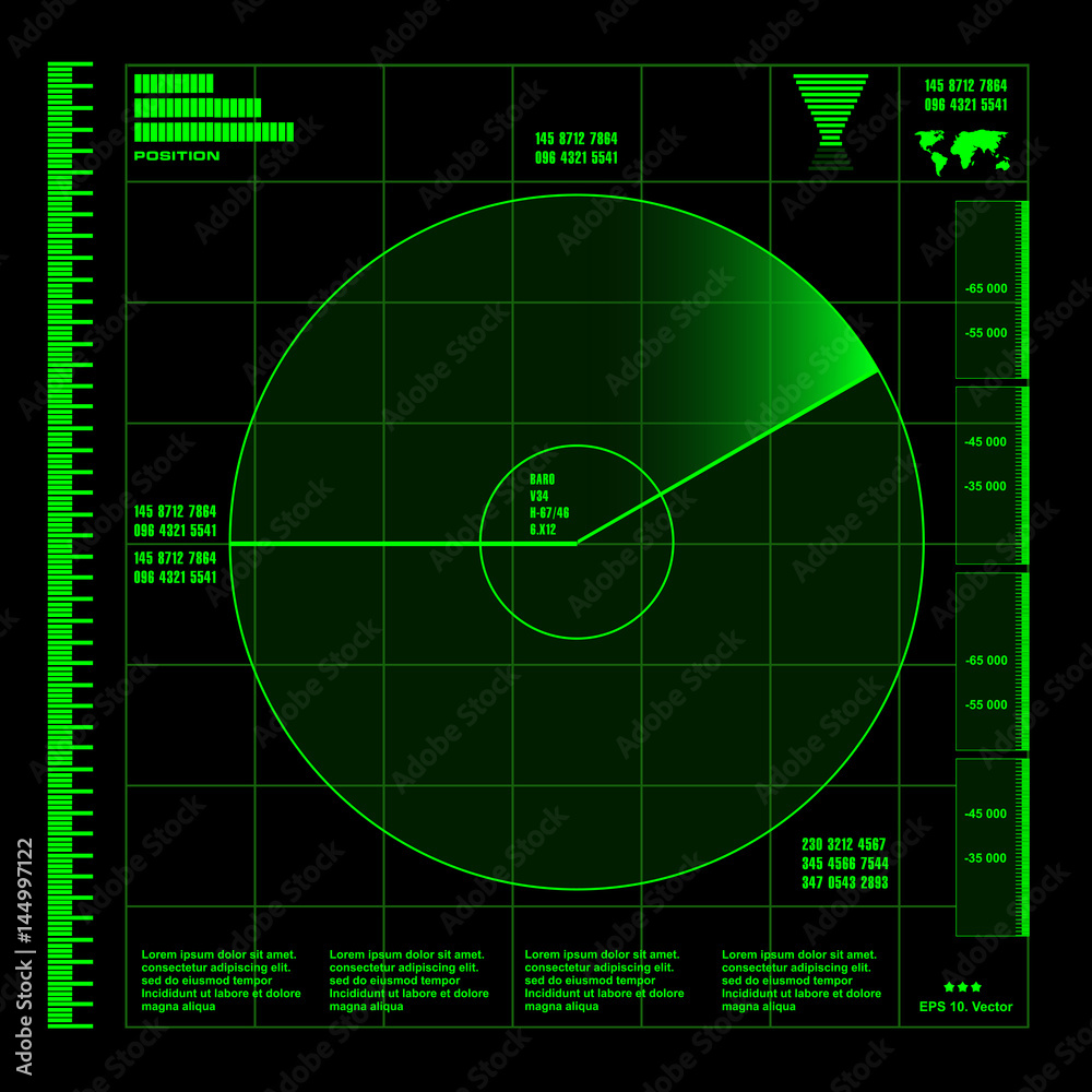 Green radar screen on black background, HUD interface