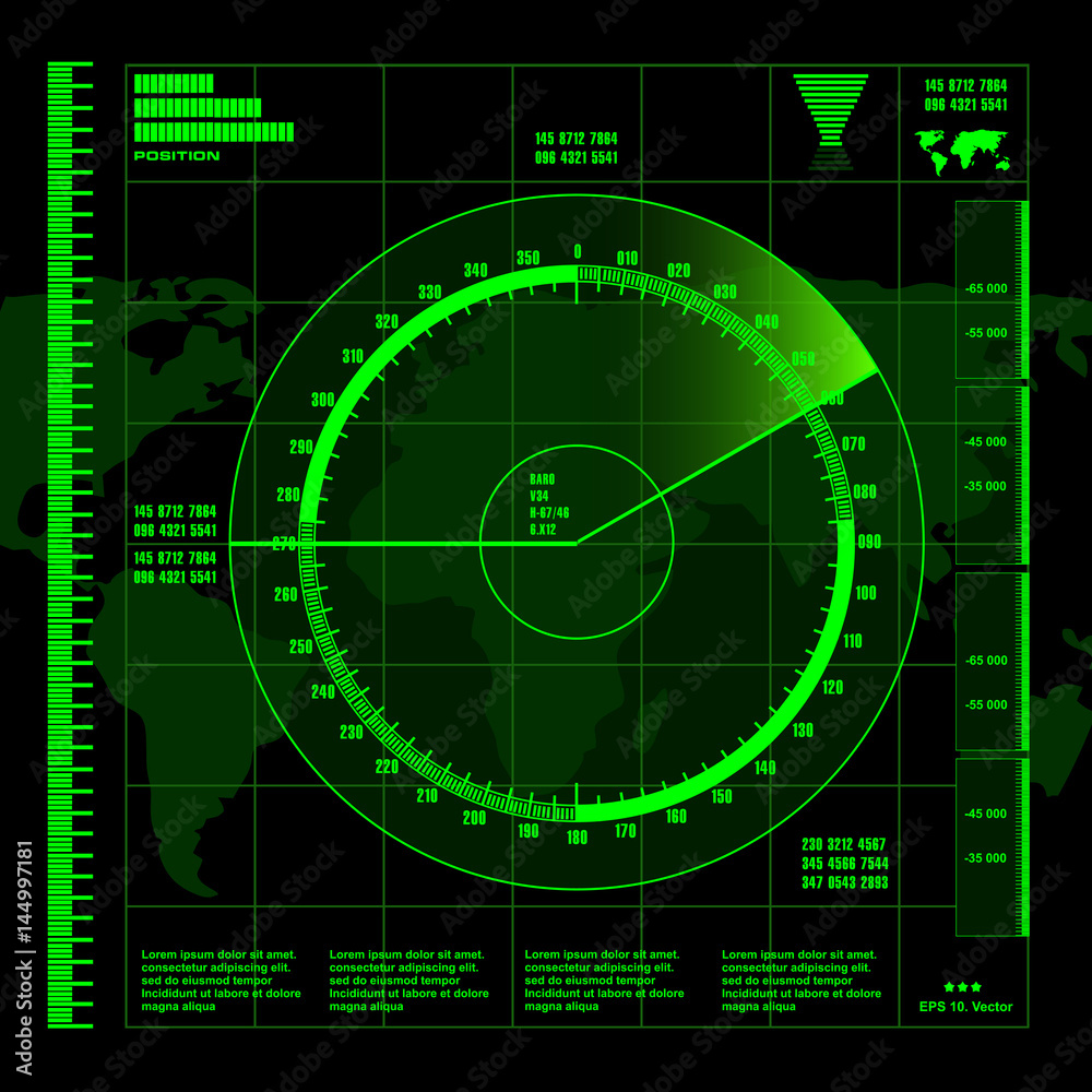 Green radar screen on black background, HUD interface Green radar screen on black background, HUD interface