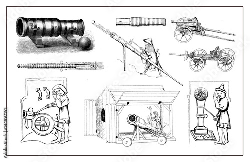 Canvas Print Medieval pieces of artillery, vintage engraving