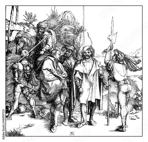 Medieval mercenary soldier, vintage engraving photo