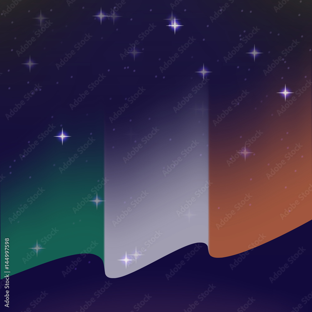 Waving flag of Ireland. Background of the night starry sky. Shining in the colors of the national flag. vector illustration Waving flag of Ireland. Background of the night starry sky. Shining in the colors of the national flag. vector illustration