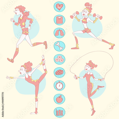 Sport concept poster showing four women training different exercises with workout and health icon collection