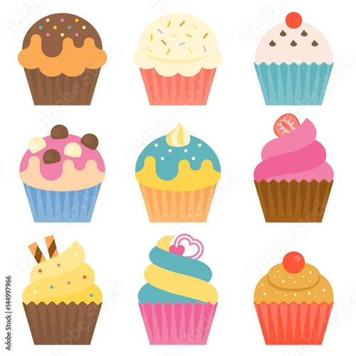 Naklejka na ścianę Zestaw ikon ciasto cup z polewą cukru, polewą, czekoladową piłkę w płaskiej konstrukcji