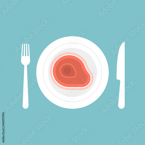 Knife and fork with steak in plate for dinning and restaurant sign icon, flat design