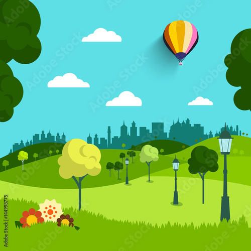 Empty Park Vector Flat Design Landscape. Natural Scene with Trees  Flowers and Hot Air Balloon.