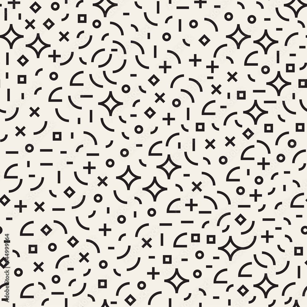 Retro geometric line shapes seamless patterns. Abstract jumble textures. Black and white scattered shapes Retro geometric line shapes seamless patterns. Abstract jumble textures. Black and white scattered shapes