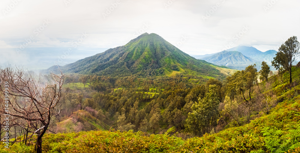 Panoramic view of the volcano and wooded hills, Indonesia