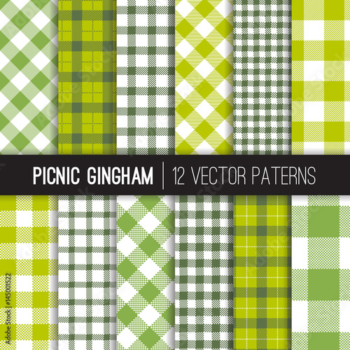 Green Picnic Tablecloth Gingham and Tartan Vector Patterns in Greenery - 2017 Color of the Year, Kale and Lime Green. Rustic Organic Food Packaging Background. Vector Pattern Tile Swatches Included.