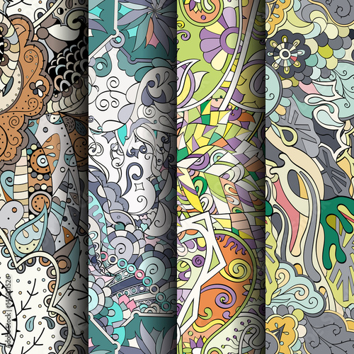 Set of tracery colorful seamless patterns. Curved doodling backgrounds for textile or printing with mehndi and ethnic motives. Vector