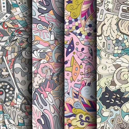 Set of tracery colorful seamless patterns. Curved doodling backgrounds for textile or printing with mehndi and ethnic motives. Vector