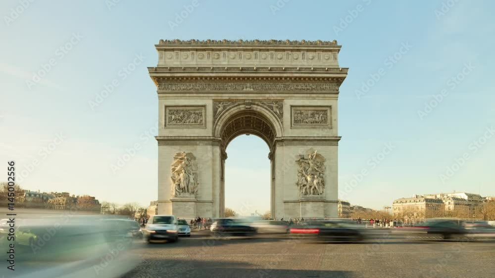 sunny day paris city most popular tourist place arch de triumph 4k time lapse france

