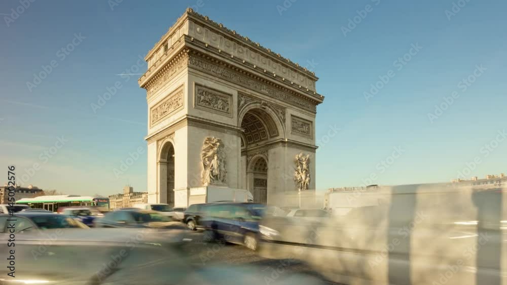paris sunny evening arch de triumph traffic circle panorama 4k time lapse france
