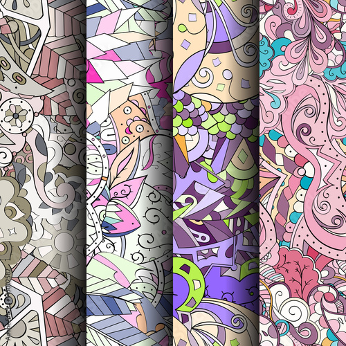 Set of tracery colorful seamless patterns. Curved doodling backgrounds for textile or printing with mehndi and ethnic motives. Vector
