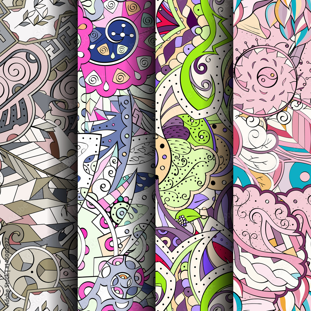 Fototapeta Set of tracery colorful seamless patterns. Curved doodling backgrounds for textile or printing with mehndi and ethnic motives. Vector