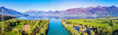 Panoramica aerea della foce del fiume Adda nel Lago di Como - Colico - Trivio di Fuentes - Italy photo