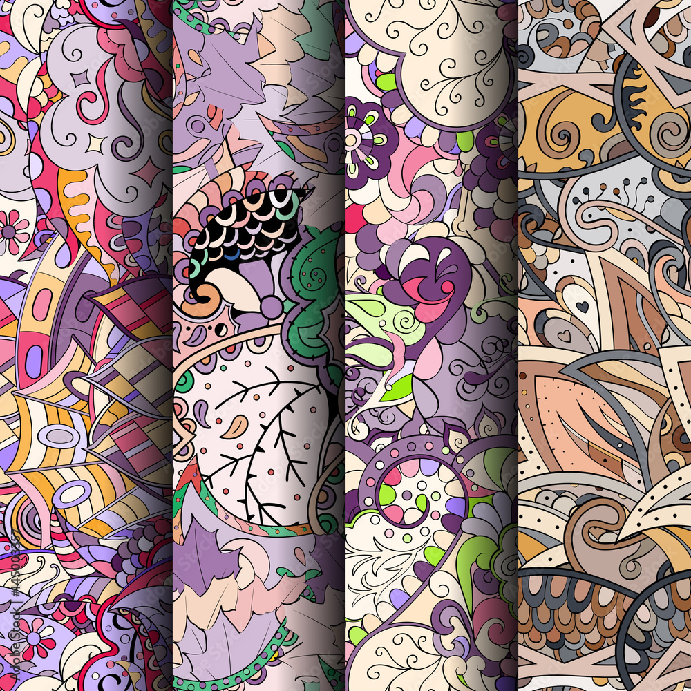 Fototapeta Set of tracery colorful seamless patterns. Curved doodling backgrounds for textile or printing with mehndi and ethnic motives. Vector