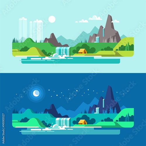 Summer landscape, day and night. Hiking and camping. Vector illustration in flat design style.