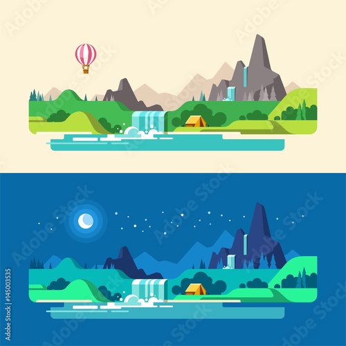 Summer landscape, day and night. Hiking and camping. Vector illustration in flat design style.