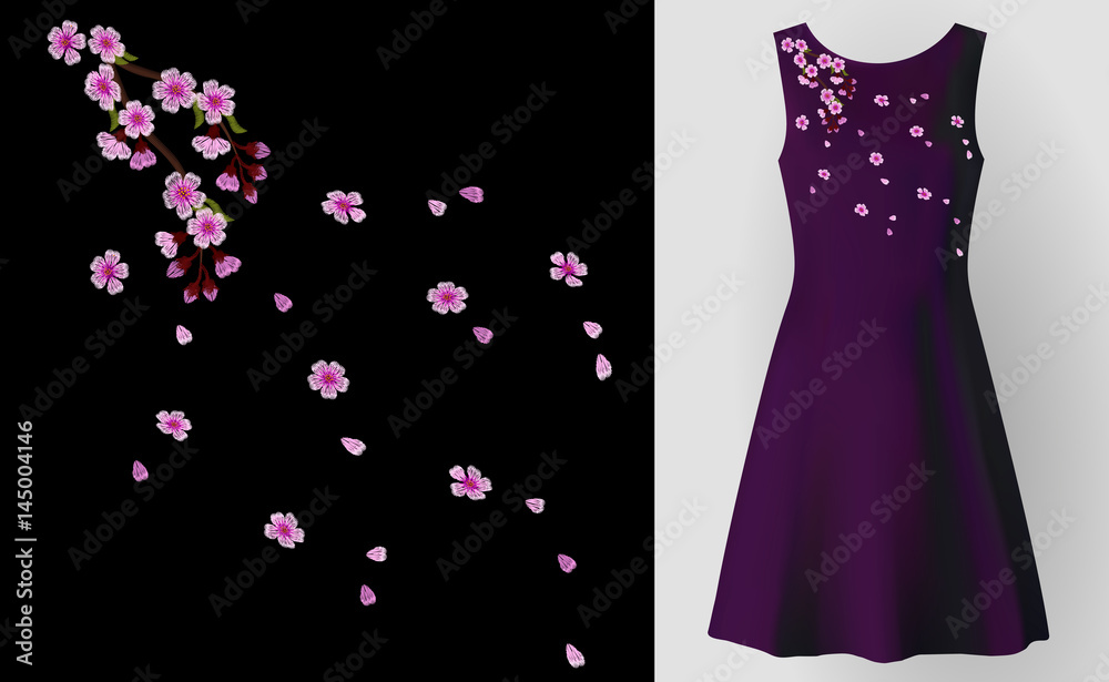 Fototapeta premium Embroidery field flower arrange necklace patch cherry pink blossom. Fashion dress decoration woman stitch ornate realistic 3d mockup vector illustration